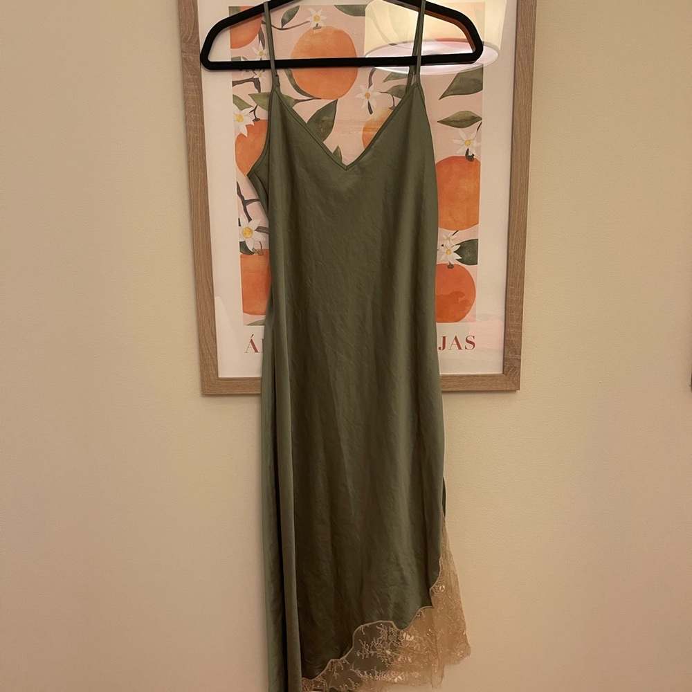 Elegant Olive Green Slip Dress with Lace Trim